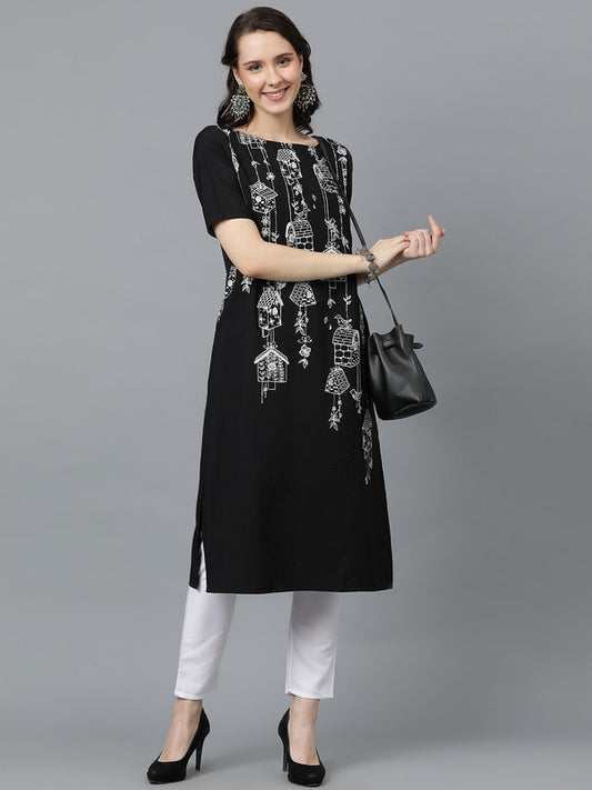 Black Coloured Crepe with Pigment Print, Boat Neck, Half Sleeves & Side Slits Women Designer Party/Casual wear Straight Kurta!!