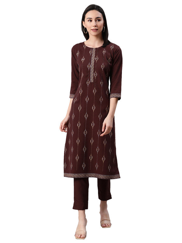 Brown Coloured Premium Rayon with Foil Print round neck 3/4 Sleeves side slit Women Designer Party/Casual wear Straight Kurta with Pant!!