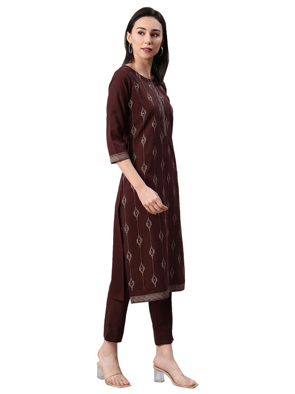 Brown Coloured Premium Rayon with Foil Print round neck 3/4 Sleeves side slit Women Designer Party/Casual wear Straight Kurta with Pant!!