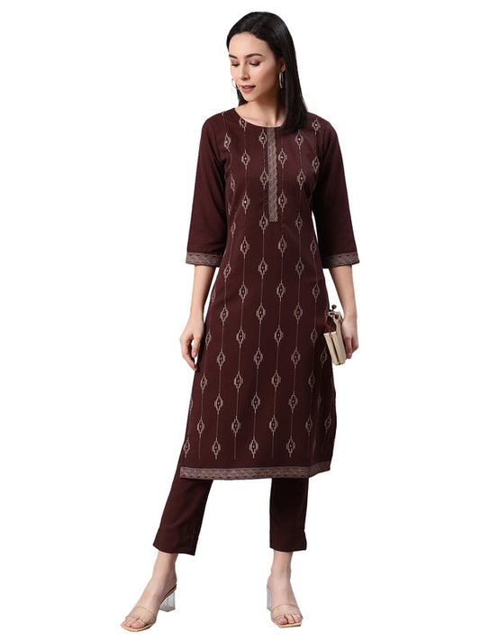 Brown Coloured Premium Rayon with Foil Print round neck 3/4 Sleeves side slit Women Designer Party/Casual wear Straight Kurta with Pant!!