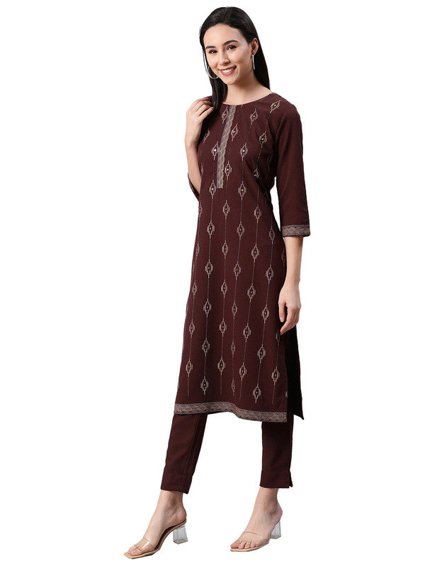 Brown Coloured Premium Rayon with Foil Print round neck 3/4 Sleeves side slit Women Designer Party/Casual wear Straight Kurta with Pant!!