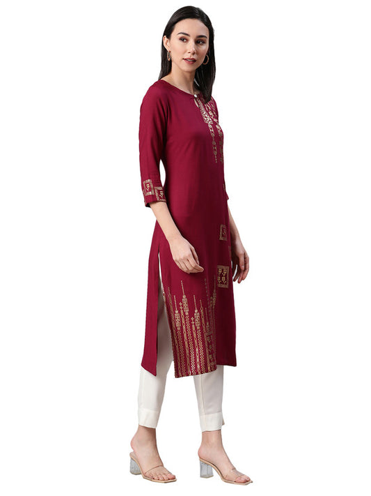 Maroon Coloured Premium Rayon with Foil Print round neck 3/4 Sleeves side slit Women Designer Party/Casual wear Straight Kurta with Pant!!