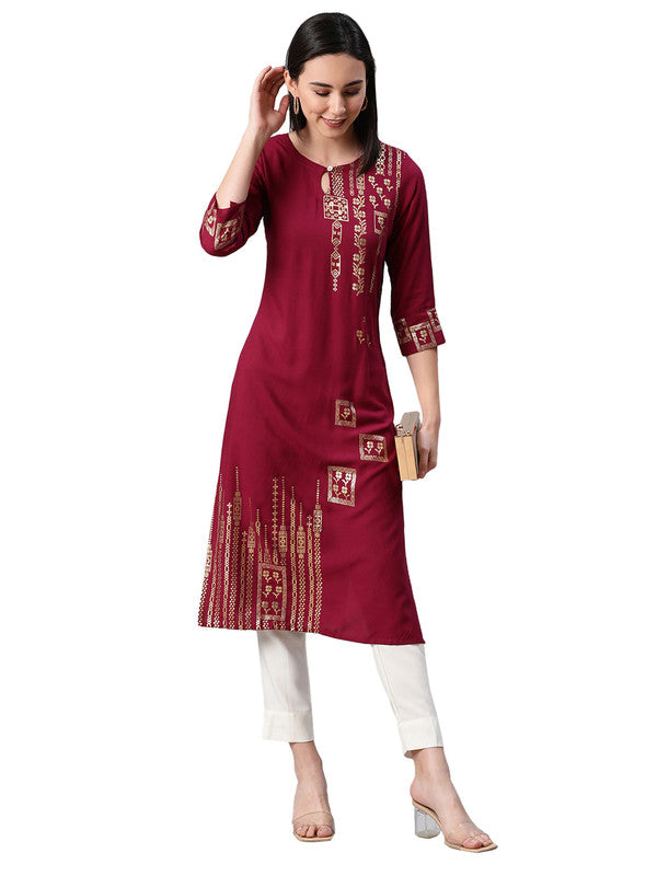 Maroon Coloured Premium Rayon with Foil Print round neck 3/4 Sleeves side slit Women Designer Party/Casual wear Straight Kurta with Pant!!