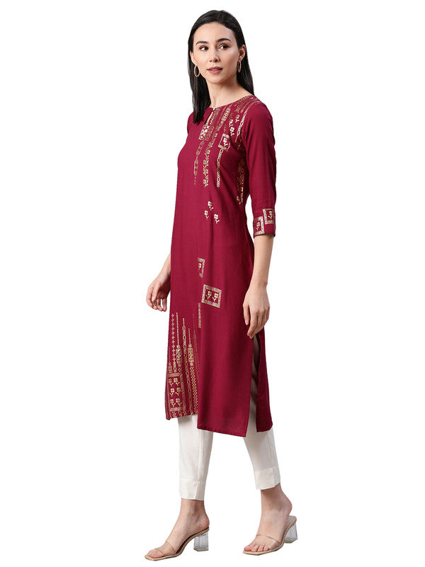 Maroon Coloured Premium Rayon with Foil Print round neck 3/4 Sleeves side slit Women Designer Party/Casual wear Straight Kurta with Pant!!