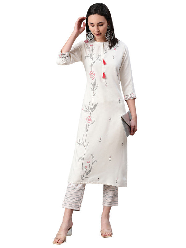 Cream Coloured Premium Rayon with Foil Print mandarin collar 3/4 Sleeves side slit Women Designer Party/Casual wear Straight Kurta & Pant Set!!