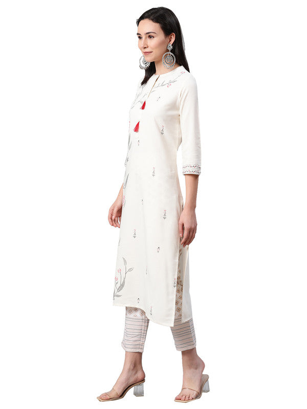 Cream Coloured Premium Rayon with Foil Print mandarin collar 3/4 Sleeves side slit Women Designer Party/Casual wear Straight Kurta & Pant Set!!