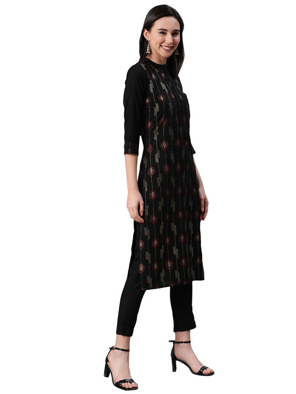 Black Coloured Premium Rayon with Foil Print mandarin collar 3/4 Sleeves side slit Women Designer Party/Casual wear Straight Kurta & Pant Set!!