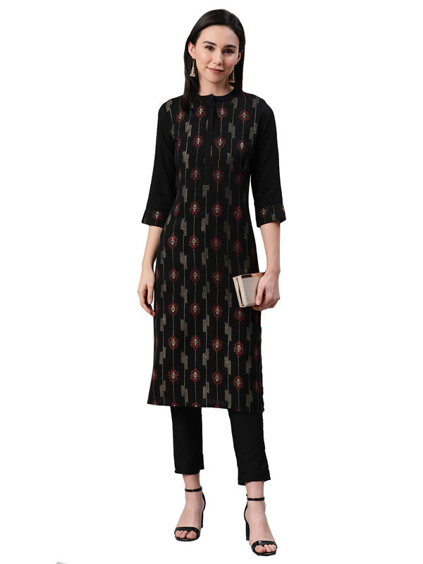 Black Coloured Premium Rayon with Foil Print mandarin collar 3/4 Sleeves side slit Women Designer Party/Casual wear Straight Kurta & Pant Set!!