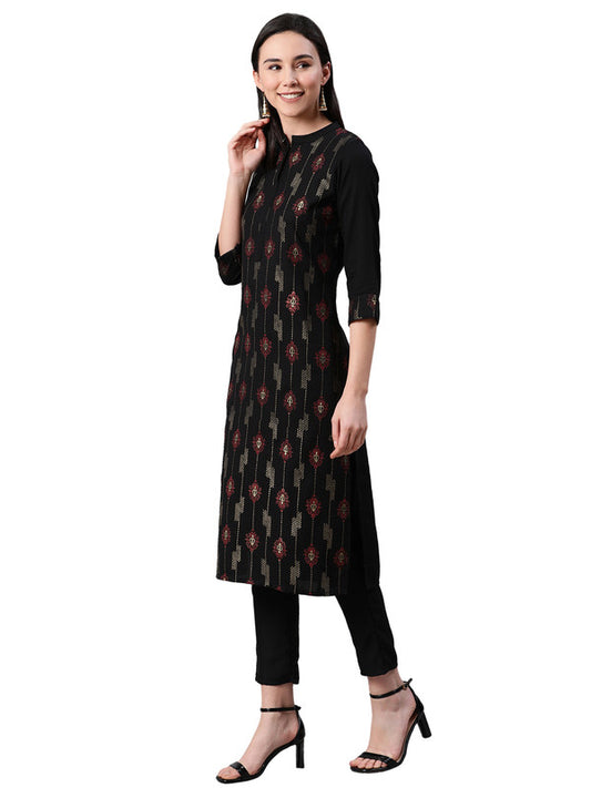 Black Coloured Premium Rayon with Foil Print mandarin collar 3/4 Sleeves side slit Women Designer Party/Casual wear Straight Kurta & Pant Set!!