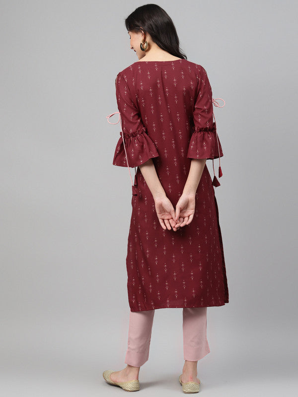 Maroon Coloured Rayon with Screen Print Round Key-hole Neck,three quarter Bell sleeves side slit Women Designer Party/Casual wear Straight Kurta & Pant Set!!