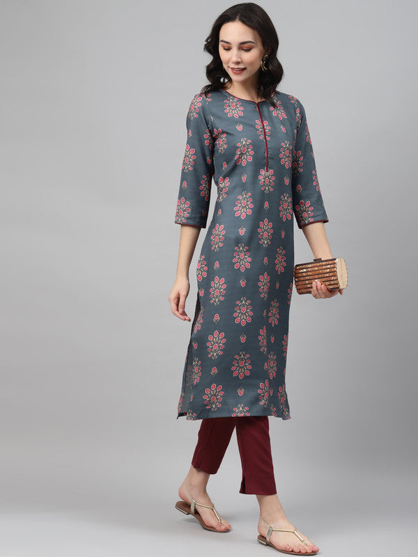 Dark Grey Coloured Premium Rayon with Digital Print Round Neck 3/4 Sleeves side slit Women Designer Party/Casual wear Straight Kurta Pant Set!!