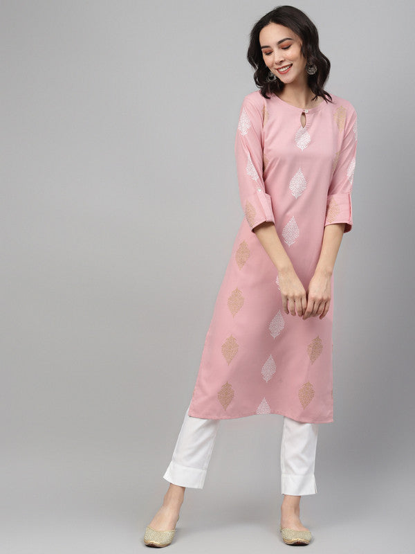 Pink Coloured Khadi & Gold paste screen printed round neck three quarter sleeves side slit Women Designer Party/Casual wear Straight Kurta & Pant Set!!