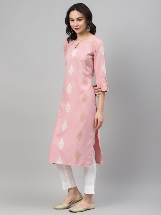 Pink Coloured Khadi & Gold paste screen printed round neck three quarter sleeves side slit Women Designer Party/Casual wear Straight Kurta & Pant Set!!