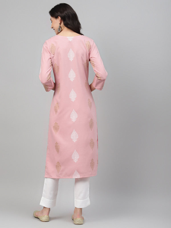 Pink Coloured Khadi & Gold paste screen printed round neck three quarter sleeves side slit Women Designer Party/Casual wear Straight Kurta!!