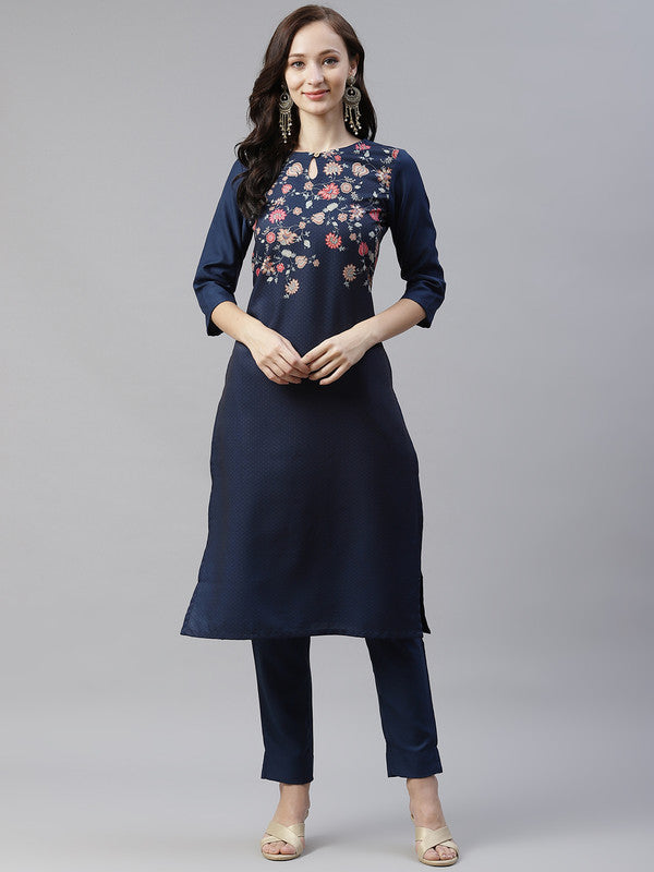 Navy Blue Coloured Poly Rayon Printed round neck three quarter sleeves side slit Women Designer Party/Casual wear Straight Kurta !!