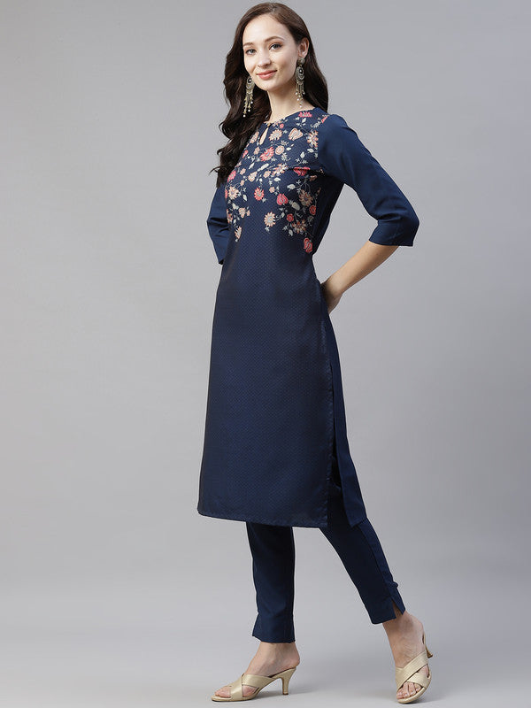 Navy Blue Coloured Poly Rayon Printed round neck three quarter sleeves side slit Women Designer Party/Casual wear Straight Kurta !!