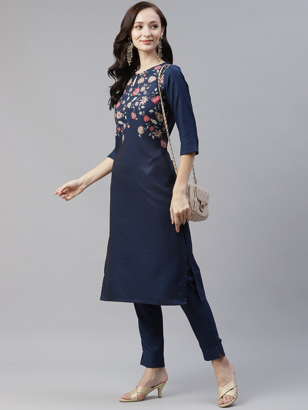 Navy Blue Coloured Poly Rayon Printed round neck three quarter sleeves side slit Women Designer Party/Casual wear Straight Kurta !!