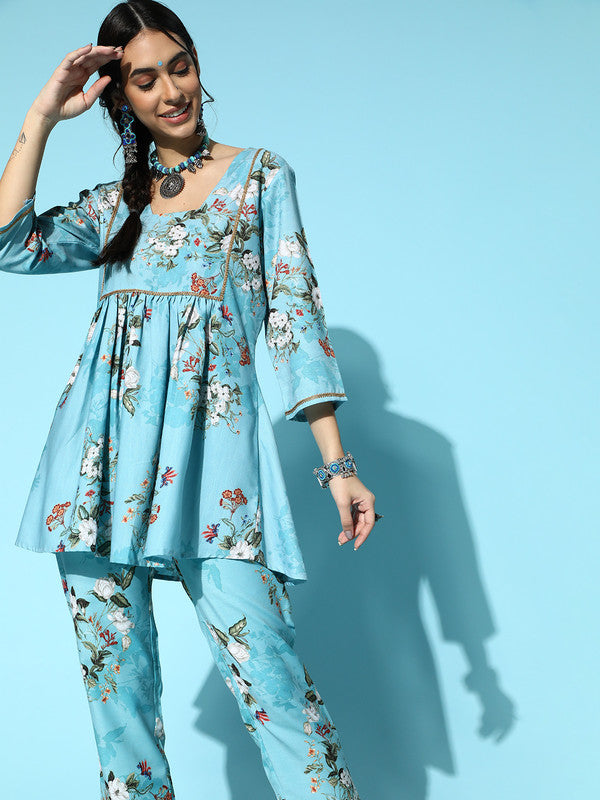 Sky Blue Coloured Rayon Digital Printed Square Neck  three quarter sleeves Women Designer Party/Casual wear Straight Kurta with Pant!!