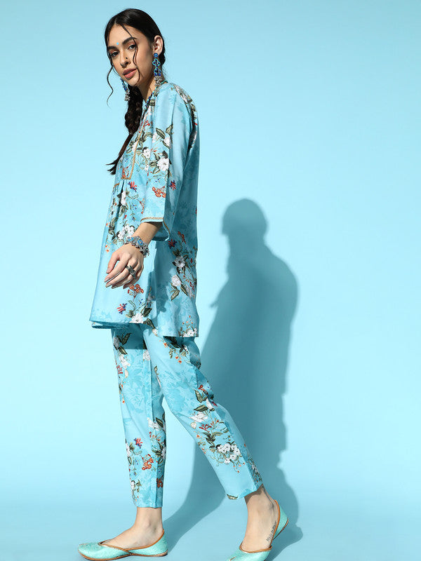 Sky Blue Coloured Rayon Digital Printed Square Neck  three quarter sleeves Women Designer Party/Casual wear Straight Kurta with Pant!!