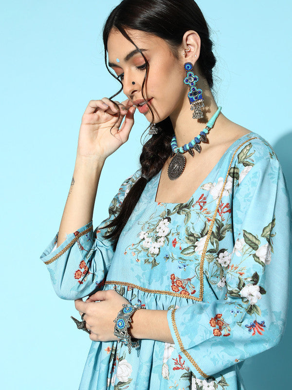 Sky Blue Coloured Rayon Digital Printed Square Neck  three quarter sleeves Women Designer Party/Casual wear Straight Kurta with Pant!!