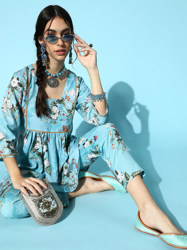 Sky Blue Coloured Rayon Digital Printed Square Neck  three quarter sleeves Women Designer Party/Casual wear Straight Kurta with Pant!!