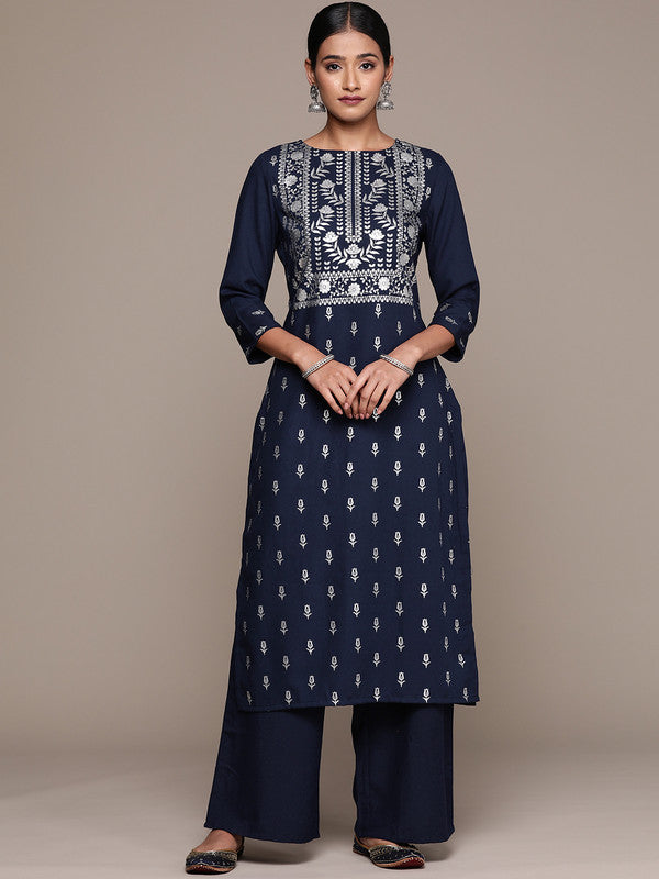 Navy Blue Coloured Rayon with Foil Printed Round Neck 3/4 Sleeves Side Slits Women Designer Party/Casual Straight Kurta and Palazzo Set!!