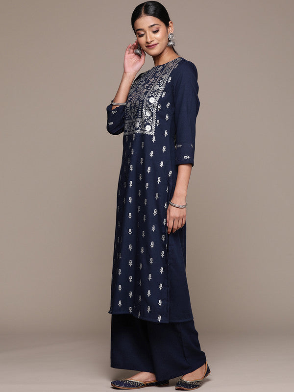 Navy Blue Coloured Rayon with Foil Printed Round Neck 3/4 Sleeves Side Slits Women Designer Party/Casual Straight Kurta and Palazzo Set!!