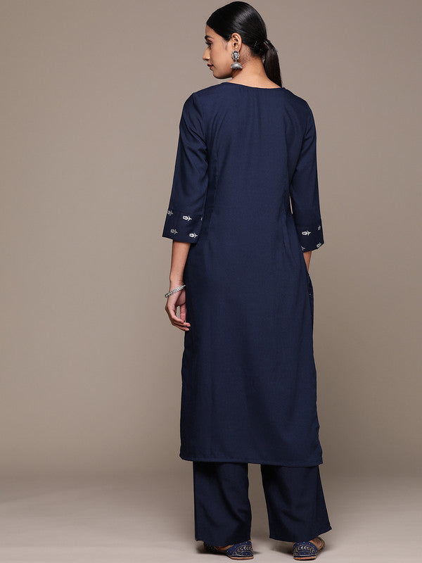 Navy Blue Coloured Rayon with Foil Printed Round Neck 3/4 Sleeves Side Slits Women Designer Party/Casual Straight Kurta and Palazzo Set!!