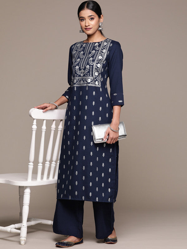 Navy Blue Coloured Rayon with Foil Printed Round Neck 3/4 Sleeves Side Slits Women Designer Party/Casual Straight Kurta and Palazzo Set!!