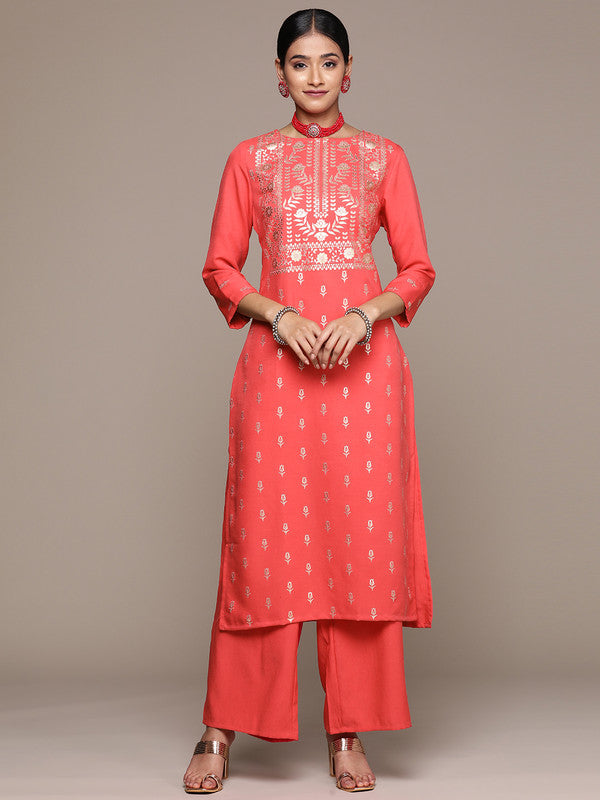 Coral Coloured Rayon with Foil Printed Round Neck 3/4 Sleeves Side Slits Women Designer Party/Casual Straight Kurta and Palazzo Set!!