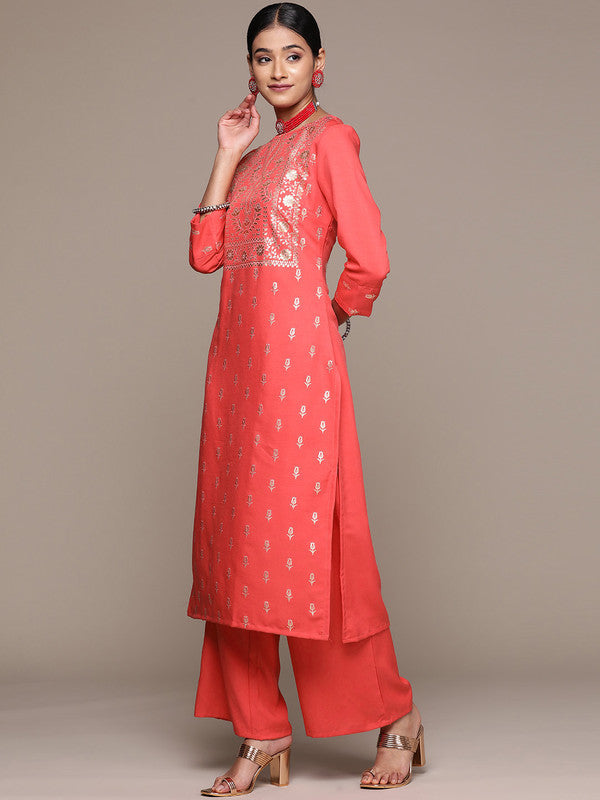 Coral Coloured Rayon with Foil Printed Round Neck 3/4 Sleeves Side Slits Women Designer Party/Casual Straight Kurta and Palazzo Set!!