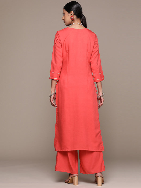 Coral Coloured Rayon with Foil Printed Round Neck 3/4 Sleeves Side Slits Women Designer Party/Casual Straight Kurta and Palazzo Set!!