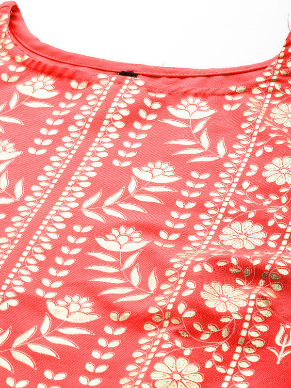 Coral Coloured Rayon with Foil Printed Round Neck 3/4 Sleeves Side Slits Women Designer Party/Casual Straight Kurta and Palazzo Set!!