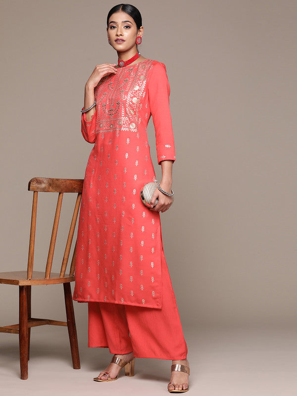 Coral Coloured Rayon with Foil Printed Round Neck 3/4 Sleeves Side Slits Women Designer Party/Casual Straight Kurta and Palazzo Set!!