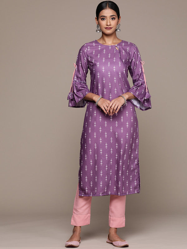 Lavender Coloured Rayon with Screen Print Round Neck Bell Sleeves Side Slits Women Designer Party/Casual Straight Kurta and Pant Set!!