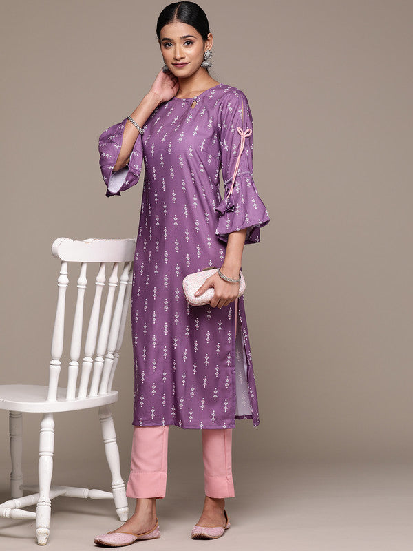 Lavender Coloured Rayon with Screen Print Round Neck Bell Sleeves Side Slits Women Designer Party/Casual Straight Kurta and Pant Set!!