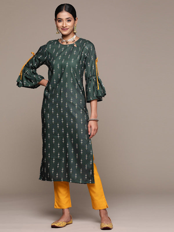 Bottle Green Coloured Rayon with Screen Print Round Neck Bell Sleeves Side Slits Women Designer Party/Casual Straight Kurta and Pant Set!!