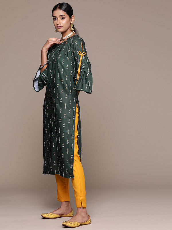 Bottle Green Coloured Rayon with Screen Print Round Neck Bell Sleeves Side Slits Women Designer Party/Casual Straight Kurta and Pant Set!!