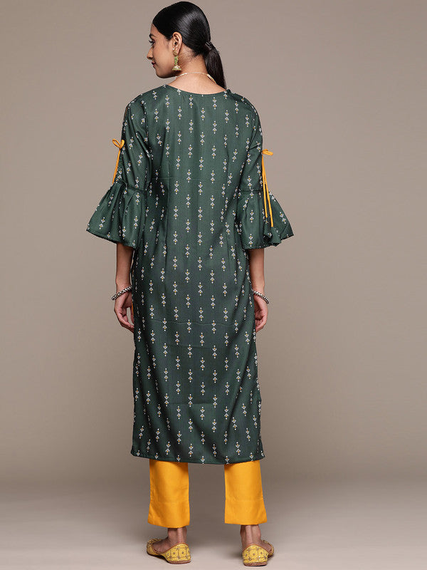 Bottle Green Coloured Rayon with Screen Print Round Neck Bell Sleeves Side Slits Women Designer Party/Casual Straight Kurta and Pant Set!!