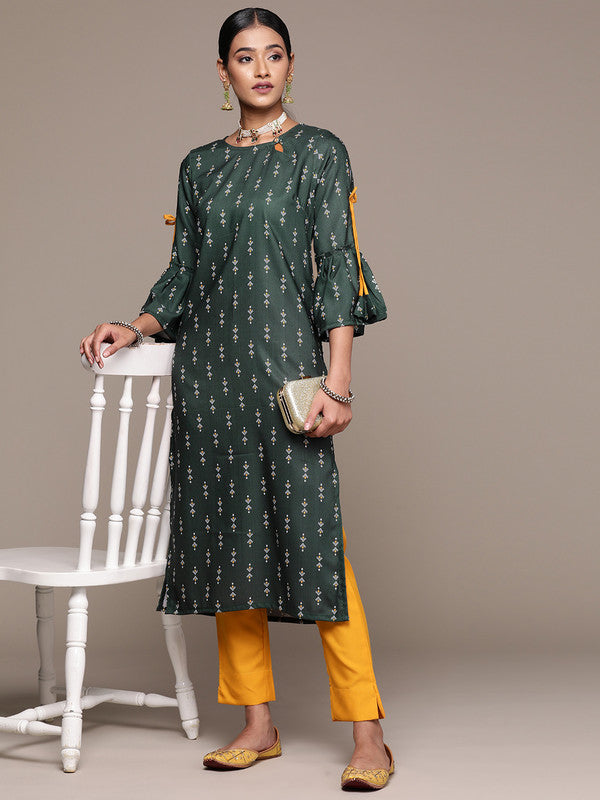 Bottle Green Coloured Rayon with Screen Print Round Neck Bell Sleeves Side Slits Women Designer Party/Casual Straight Kurta and Pant Set!!