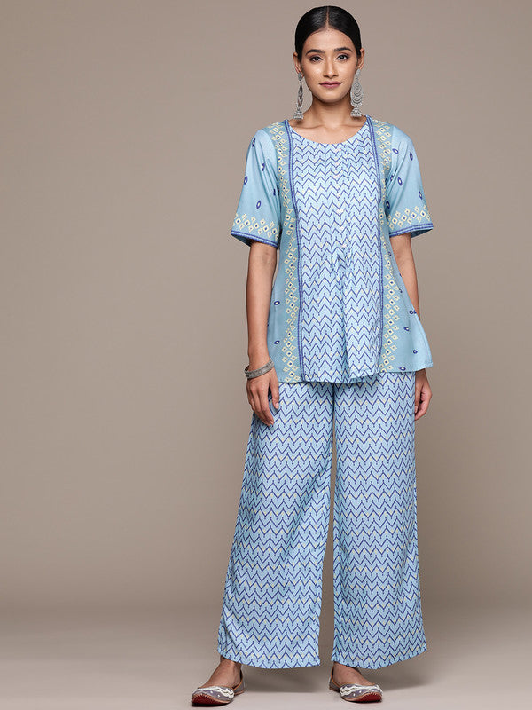 Sky Blue Coloured Rayon with Digital Print Round Neck Elbow Sleeves Side Slits Women Designer Party/Casual Straight Kurta and Palazzo Set!!