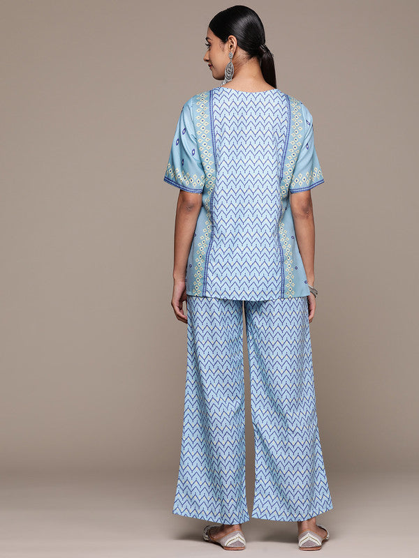 Sky Blue Coloured Rayon with Digital Print Round Neck Elbow Sleeves Side Slits Women Designer Party/Casual Straight Kurta and Palazzo Set!!