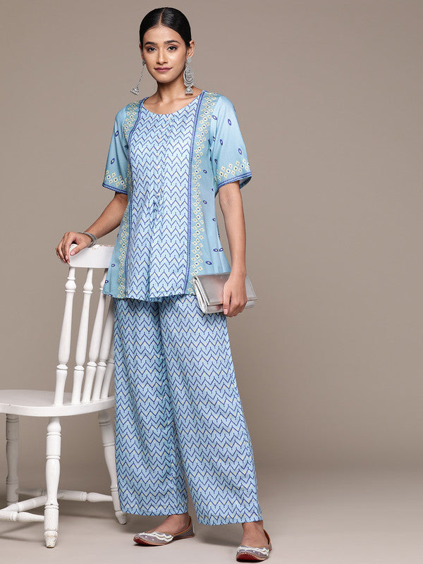 Sky Blue Coloured Rayon with Digital Print Round Neck Elbow Sleeves Side Slits Women Designer Party/Casual Straight Kurta and Palazzo Set!!