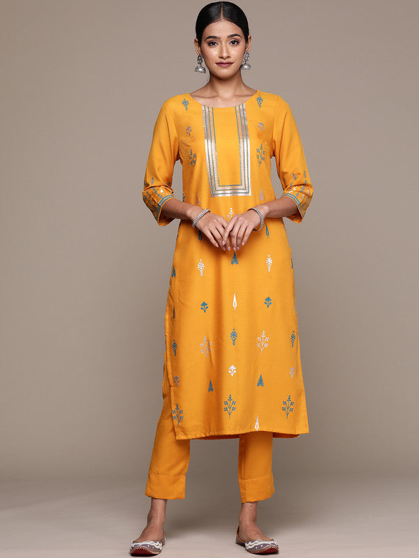 Mustard Yellow Coloured Rayon with Foil print Round Neck 3/4 Sleeves Side Slits Women Designer Party/Casual Straight Kurta and Pant Set!!