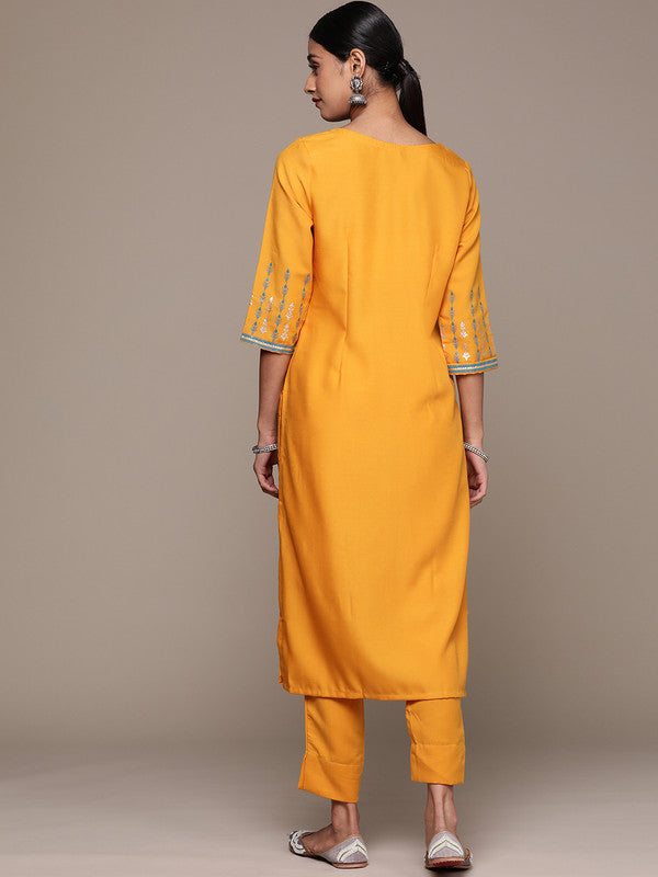 Mustard Yellow Coloured Rayon with Foil print Round Neck 3/4 Sleeves Side Slits Women Designer Party/Casual Straight Kurta and Pant Set!!