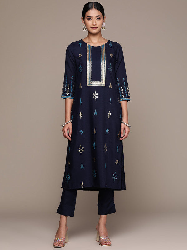 Navy Blue Coloured Rayon with Foil print Round Neck 3/4 Sleeves Side Slits Women Designer Party/Casual Straight Kurta and Pant Set!!