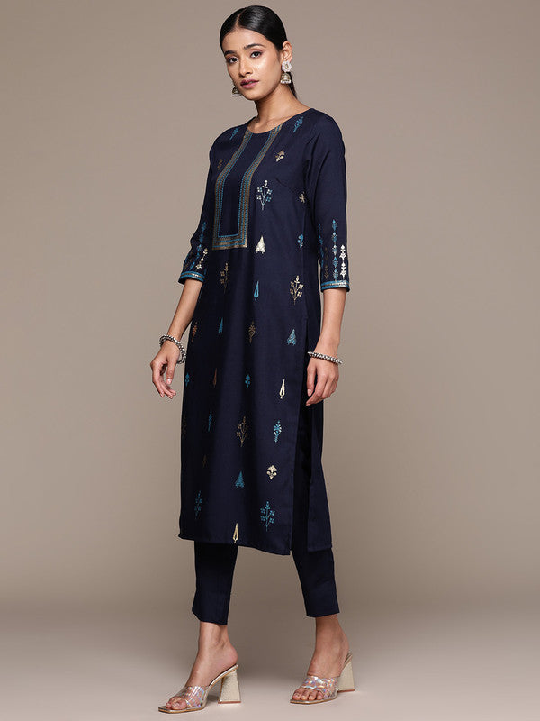 Navy Blue Coloured Rayon with Foil print Round Neck 3/4 Sleeves Side Slits Women Designer Party/Casual Straight Kurta and Pant Set!!