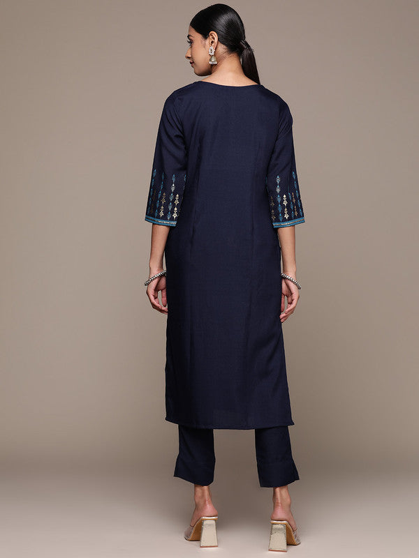 Navy Blue Coloured Rayon with Foil print Round Neck 3/4 Sleeves Side Slits Women Designer Party/Casual Straight Kurta and Pant Set!!