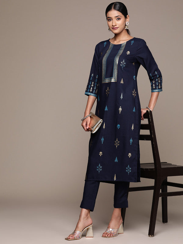 Navy Blue Coloured Rayon with Foil print Round Neck 3/4 Sleeves Side Slits Women Designer Party/Casual Straight Kurta and Pant Set!!