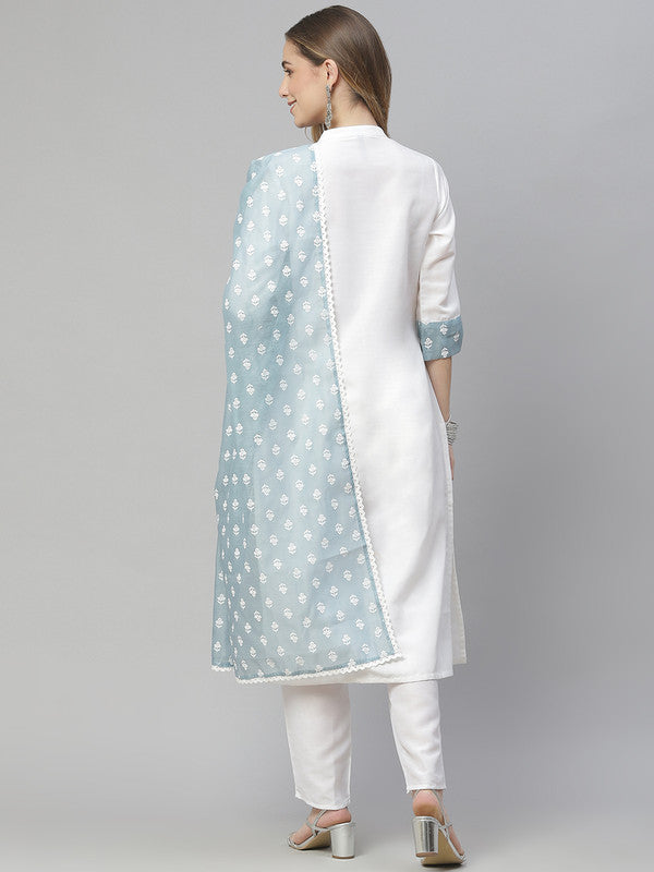 White Coloured Dyed Chinon Mandarin Collor Neck three quarter sleeves Multi Slit  Women Designer Party/Casual wear Straight Kurta with Pant & Dupatta!!